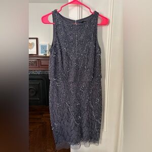 Aidan Mattox dark gray cocktail dress with beaded overlay, Size 8